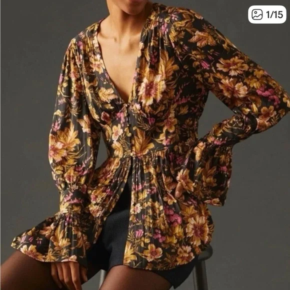 Anthropologie Long-Sleeve Floral V-Neck Blouse - size small - Picture 2 of 5